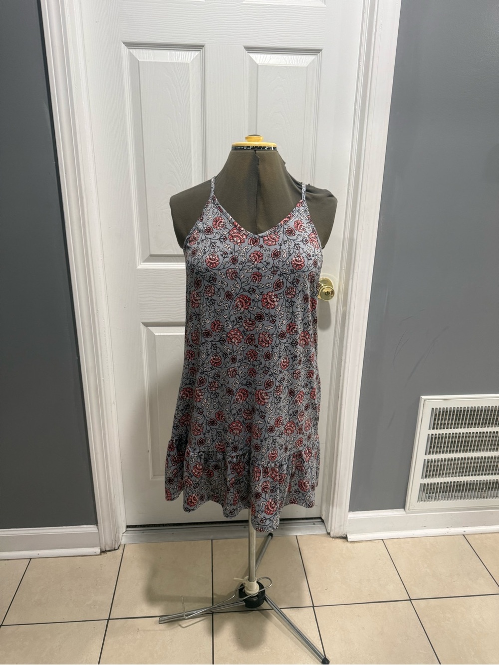 Wallflower Light Gray Floral Spaghetti Strap Dress with Red Accents